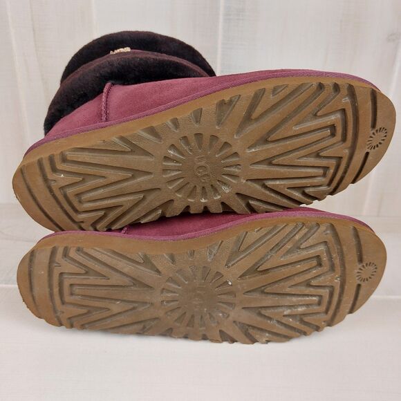 UGG Women's Fluff Mini Belted Boots Burgundy Suede Shearling Wool Lined Size 10 - Picture 7 of 8